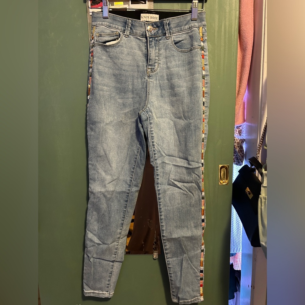 Knox Rose Light Blue Skinny Jeans with Multicolor Trim